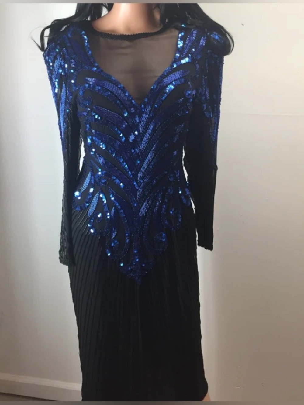 Vintage A.J. Bari Black Long-Sleeve Dress with Blue Sequin Embellishment